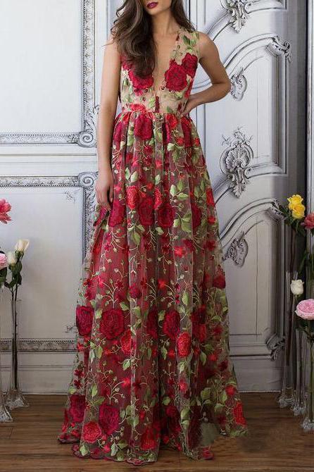 Buy A Line V Neck Red Floral Boho Prom ...
